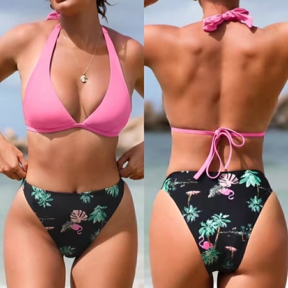 NWT Pink Black Sexy Bikini Set Size Medium Flamingo Green Tropical Print